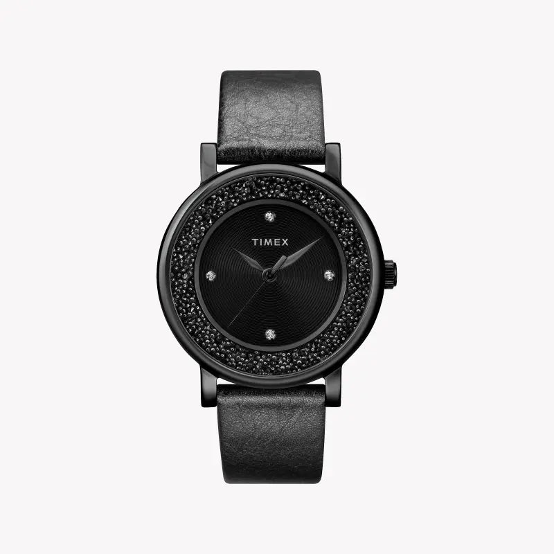 Timex Women's Black Leather Watch, Black Dial | Tw2r93000